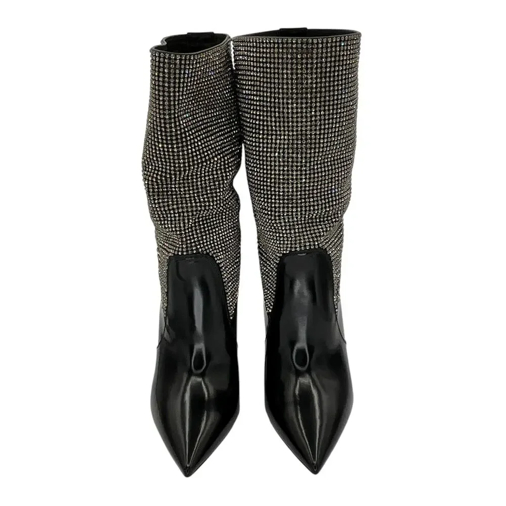 Saint Laurent Jazz Calf Swarovski Crystal Embellished Niki 105 Ankle Boots 39.5